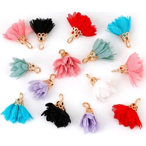 New 10pcs/lot Mix Color Fashion 18mm Fabric Charm Fringed Sunflower Tassel for DIY Earring Necklace Jewelry Making Findings