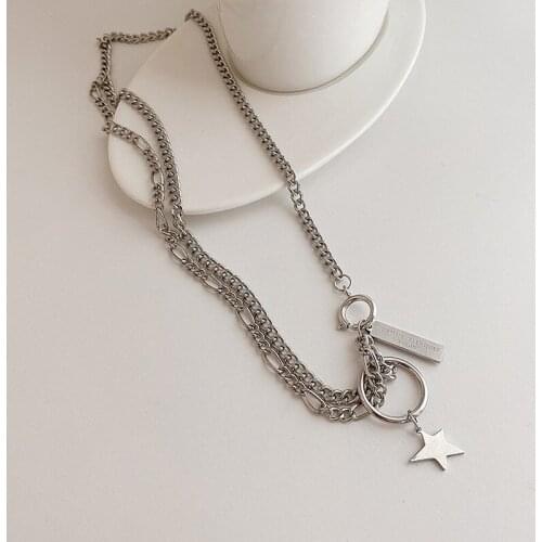 Origin Summer Korean Double Layer Chain Star Pendant Necklace for Women Exquisite Silver Color Metal Circle Necklace Jewelry