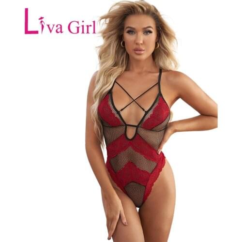 LIVA GIRL Sexy Criss Cross Lace Woman Mesh Patch Teddy Bodysuit 2021 Summer Female Sling Hollow out Bedtime Bodycon Jumpsuit