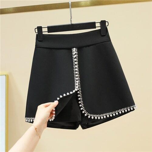 High Waist Shorts Woman 2021 Summer New Split Wide Leg Fashion Beads Diamond A- Line Casual Skirtpants Mujer White Black