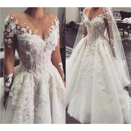 2021 A-Line Wedding Dress Princess Robe De Mariee 3d Flowers Beaded Appliques Wedding Gowns For Bride With Long Sleeves