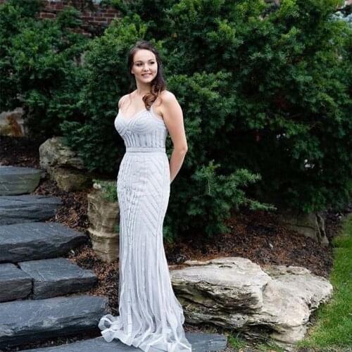 In Stock Silver Stones Long Prom Dresses Straps Spaghetti Tulle Mermaid Evening Gown Women Party Dress