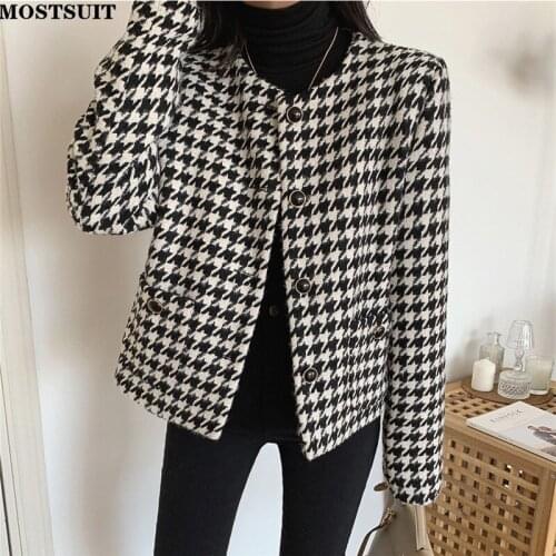 Tweed Houndstooth Women Jacket Coat 2021 Autumn Winter Full Sleeve O-neck Single-breasted Tops Korean Elegant Ladies Outerwear