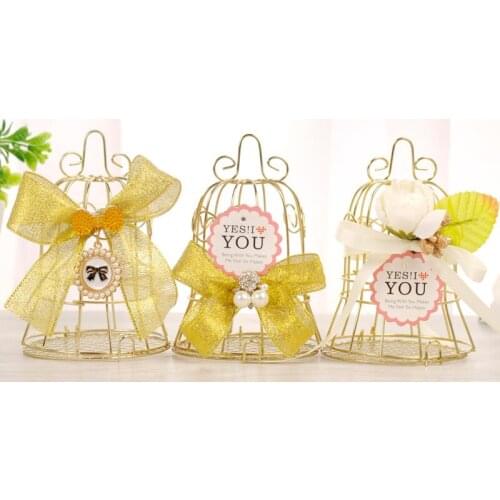10pcs / lot Golden Tinplate Bird Cage Bell Candy Box Romantic Wrought Iron Wedding Gifts Boxes party birthday Decor Supplies