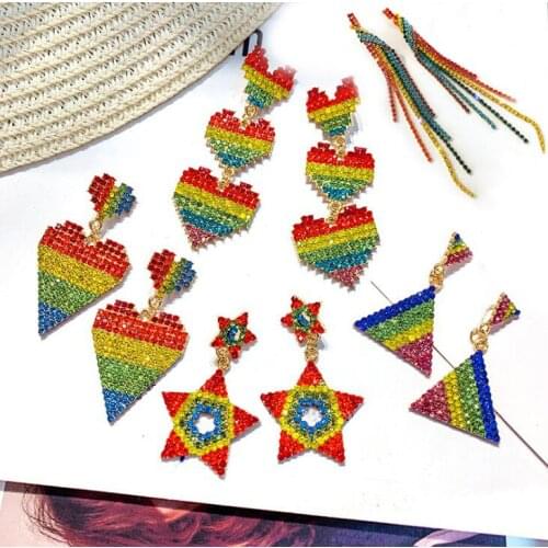 2020 New Arrival colorful Rhinestone fashion long metal tassel Drop earrings Korean sweet lovely heart elegant Women earrings