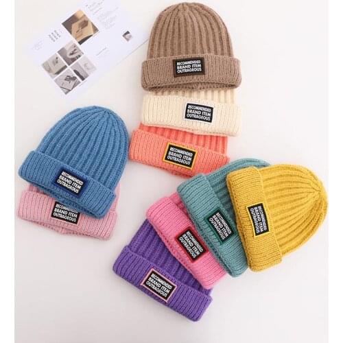2021 Autumn and Winter Cotton Letter Thicken Knitted Hat Warm Hat Skullies Cap Beanie Hat for Children Boy and Girl 06