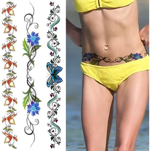 3D Sexy Flower Temporary Tattoos For Women Girls Lily Anemone Long Tattoo Sticker Lace Sexy Waist Body Fake Tatoos Watercolor
