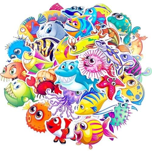 40pcs/Lot Funny Anime Cartoon Sea Fishes Graffiti Stickers For Car Moto & Suitcase Cool Laptop Stickers Skateboard Kids Stickers