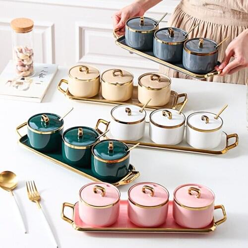 Spice jar Kitchen supplies salt sugar jar Storage spice box High-end ceramics Combination set home