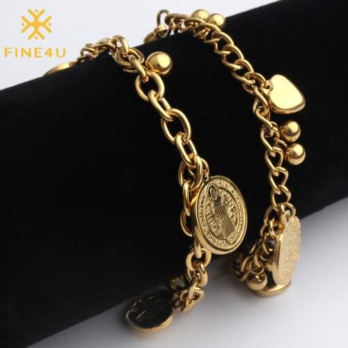 FINE4U B127 Stainless Steel Rolo Chain Bracelet Heart Coins Charm Bracelets For Men Women 2019 Religious Jewelry
