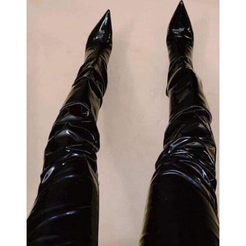 Black Brown Shinny Leather Over The Knee Boots Pointy Toe Stiletto Heels Tight High Boots Zipper Patent Leather Winter Long Boot