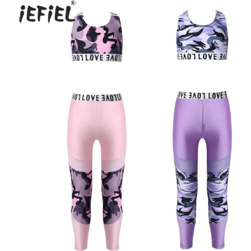 Kids Girls Elastic Sport Suit Camouflage Letter Print Sport Bra Tanks Crop Top with Pants Leggings Outfits for Yoga Gymnastics