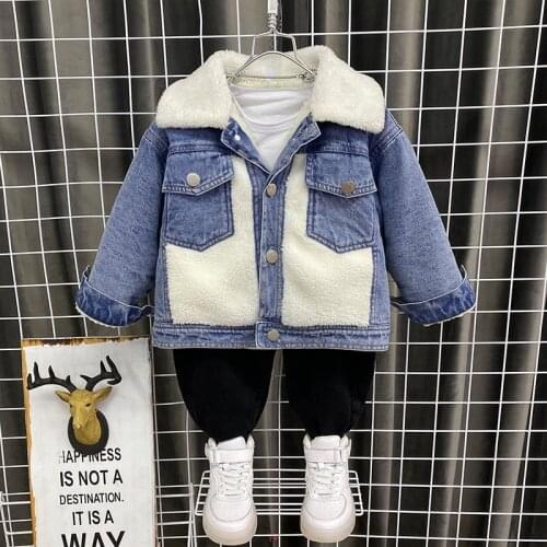 Lambswool Thick Warm Kids Denim Coat Outerwear 2020 New Autumn Turn Down Collar Pockets Boys Winter Jean Jackets