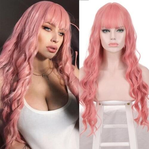 HOUYAN Long straight hair female synthetic purple blue red pink bangs dyed synthetic wig natural daily