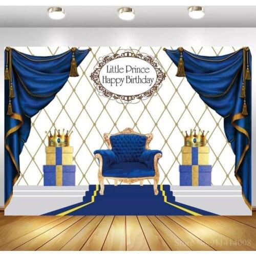 Little Prince Princess Happy Birthday Photography Backdrop Headboard Wall Royal Blue Red Curtain Cake Table Background Decor