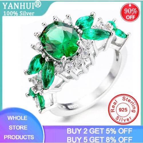 YANHUI Silver 925 Jewelry Emerald Ring Green Gemstone Rings for Women Trendy Party 925 Sterling Silver Female Jewelry Ring R355
