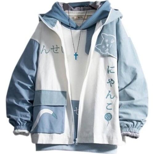 Harajuku Retro Varsity Jacket Casual Autumn Cat Print Hoodie Coat Men Hip Hop Baseball Jacket Fashion Streetwear Gothic Tops