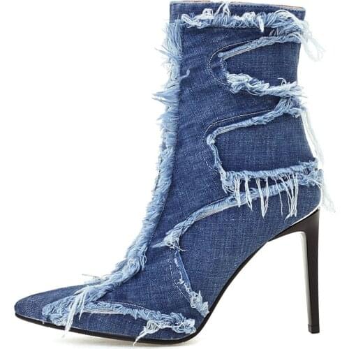 MKKHOU Fashion Short Boots Women New Retro Denim Fabric Pointed Toe Stitching Stiletto 9.5cm High Heel Boots Ladies Ankle Boots