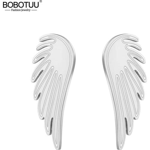 BOBOTUU Trendy Rose Gold Titanium Stainless Steel Angel Wings Earrings For Women Vintage Office Style Girls Ear Jewelry BE19124