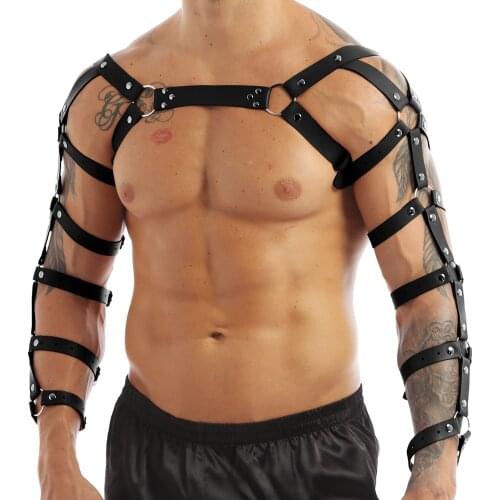 Mens Muscle Harness Costume Belt with Metal O Rings Gothic Punk Club Bar Costume Faux Leather Adjustable Arm Caged Body Chest