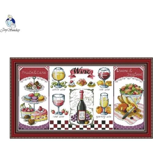Joy Sunday Red Wine and Desserts,Counted Printed on Fabric DMC 14CT 11CT Cross Stitch kits, Embroidery Needlework Home Decor