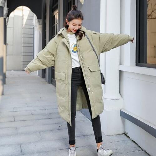 2021 New Winter Solid Color Loose Warm Outerwear Casual Long Overcoat Parkas Female Down Cotton Hooded Jacket Coat Solid color
