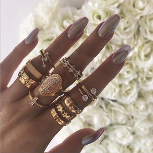 Doocna New Arrival Bohemia Gold Color Women Rings Sets Hollow Geometric Virgin Mary Leaf Flowers Clear Crystal Stone Jewelry