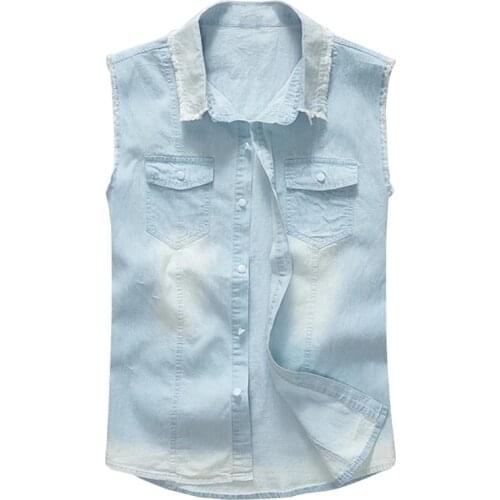 New Mens casual light pale blue lightweight thin denim vest Slim sleeveless casual cotton shirt Tank top