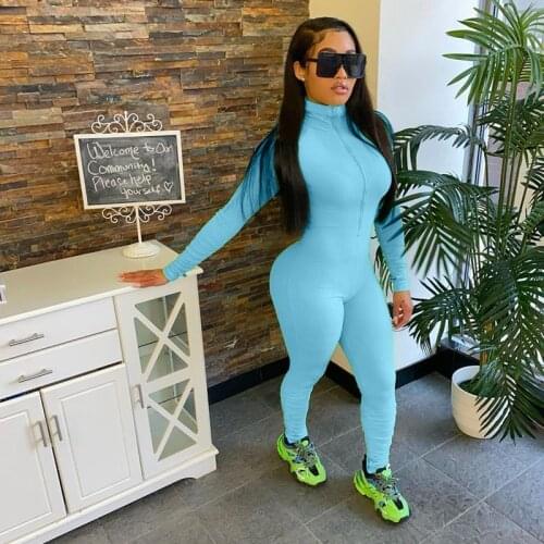TNNAOFF Solid Knit Ribbed Long Sleeve Rompers Women Jumpsuit Sexy New Front Zip One Peice Club Stacked Leggings Bodycon Overalls