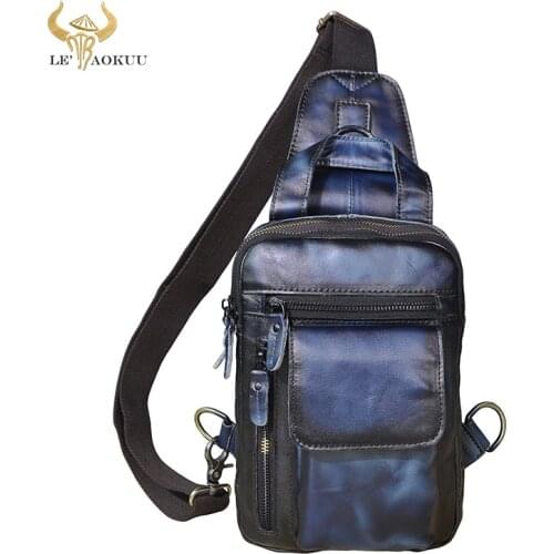 Original Men Crazy Horse Leather Fashion Sling Chest Bag Design Travel Triangle Cross-body Bag Daypack 8" Tablet Tea Male B574