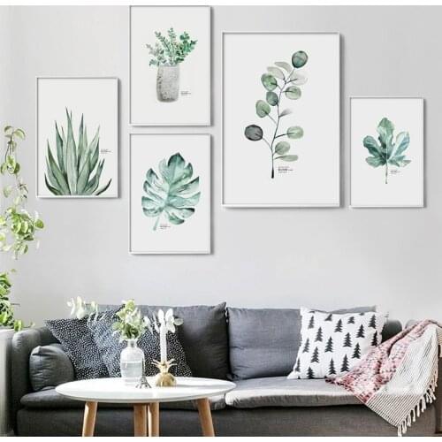 Green Plant Poster Nordic Poster and Prints Wall Art Canvas Watercolor Green Leaf Pictures Restaurant Cafe Hotel Wall Decor