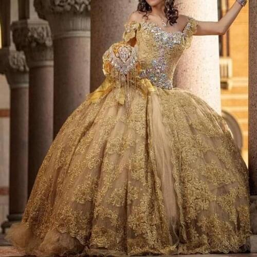 Princess Gold Quinceanera Dress Off Shoulder Lace Applique Lace-up Sweet 16 Dress Crystal Pageant vestidos de quinceañera Gowns