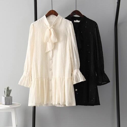 2020 Sweet Womens Dress Bow Neck Single-breasted Long Sleeve Mini Dress Elegant Woman Dresses Casual Loose Ruffles Vestido