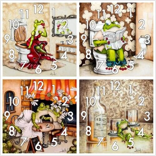 Full Diamond Painting Frog toi Cross Stitch With Clock Mechanism Mosaic 5D Diy Square Round Frog toilet 3d Embroidery Gift