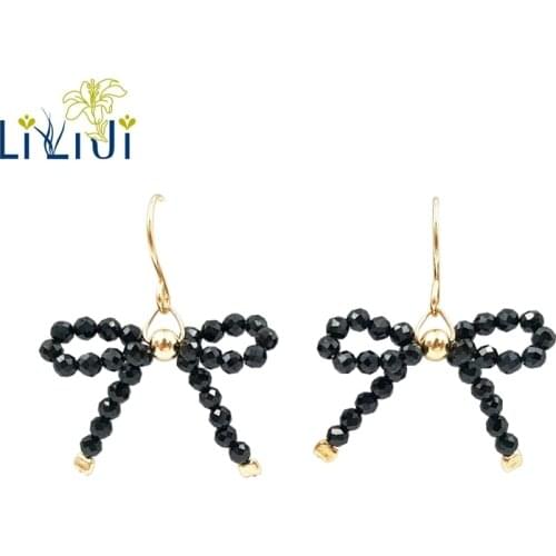 Lii Ji Gemstone Black Spinel Bowknot 925 Sterling Silver Gold Plated Earring