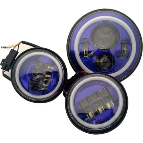 Blue Halo Ring Motorcycle 7 inch Moto LED Headlight for bike with Blue 4-1/2"4.5" LED Passing Lamps Fog Lights