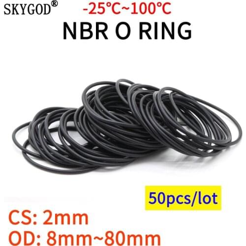 50pcs NBR O Ring Seal Gasket Thickness CS 2mm OD 8~80mm Nitrile Butadiene Rubber Spacer Oil Resistance Washer Round Shape Black