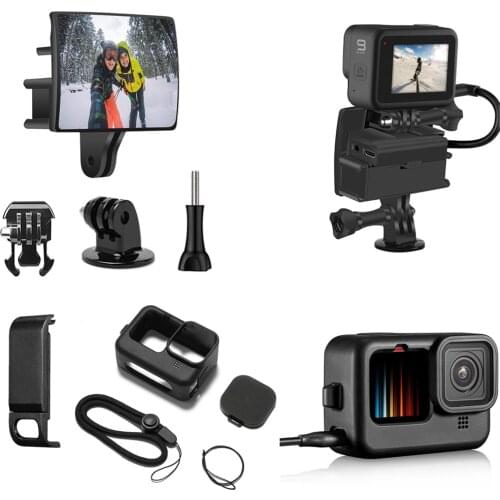 Selfie Flip Mirror Set +Housing mic Adapter&Cold Shoe+Silicon Protective Cover+Battery Side Cover for GoPro Hero 9 Camera Mount