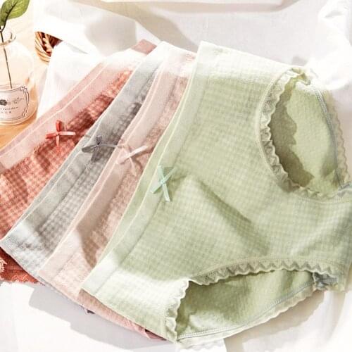 Woman Lattices Seamless Mid Waist Lace Hem Solid Color Cotton Underwear Briefs