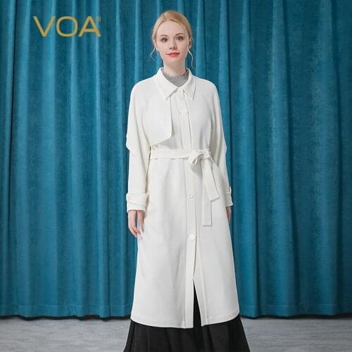 VOA 60m/m Silk Long V Neck Raglan Long Sleeve Scrub White Single Row Twist Buckle Lotus Leaf Slanting Bag King-Size Coat FE60