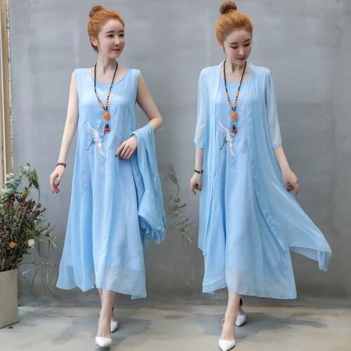 Summer Plus Size Two Piece Sets Dress Women Casual Cardigan + Embroidery Cotton Linen Loose Chinese Style Dress 2 Piece Set Z146
