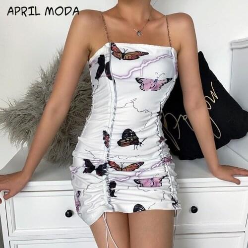 2020 Paris Girl Butterfly Print Strap Sheath Dress Sexy Tight Bag Hip Female Summer Bodycon Backless Ladies Party Mini Dresses