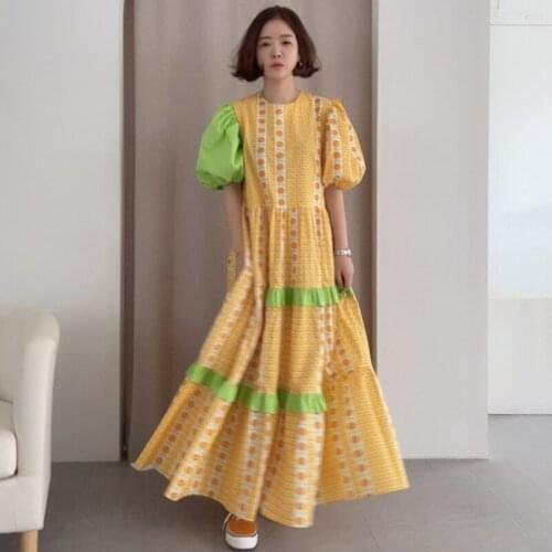 New Women Dress 2021 Summer Korean Chic Ladies Western-Style Round Neck Wood Ears Contrast Flower Loose Puff Sleeve Vestidos