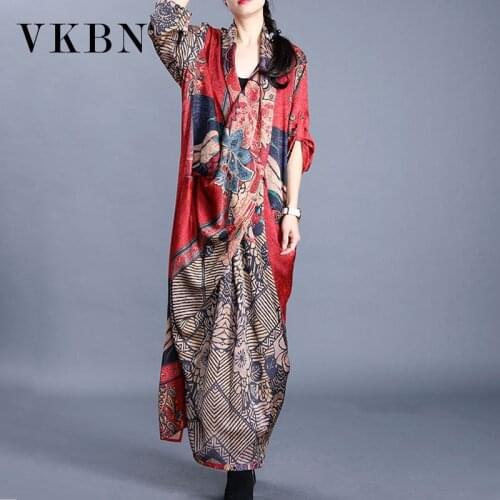 VKBN Summer Dress Women Up Print V-Neck Three Quarter Batwing Sleeve Silk Maxi Dresses for Women Fashion