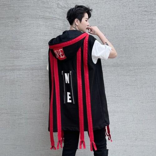 Spring Summer New Fashion Men Zipper Decoration Hooded Vest Outerwear Male Handsome Trendy Waistcoat Brand Hip-hop Show Jacket