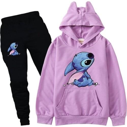 2022 Stitch Hoodies Sportsuit Harajuku Pullovers Cute Kawaii Casual Tops O-Neck Angel Print Hooded Sweatshirt Pants 2PCS Sets