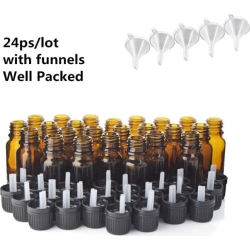24pcs/lot 10ml Empty Amber Glass Bottle Vials with Euro Dropper Black Tamper Evident Cap for Essential Oils