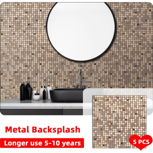 5pcs Wall Stickers Mosaic Gold Bronze Self Adhesive Metal Tile Wall Backsplash Peel and Stick DIY Kitchen Bathroom TV Background