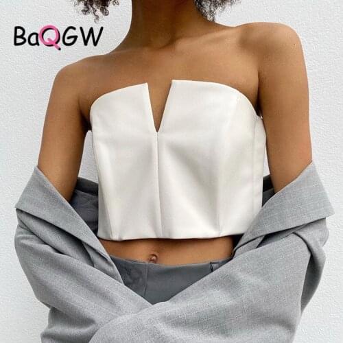 BaQGW PU Leather Crop Corset Tops Women Spring Autumn Black White Sexy Bustier Sleeveless Back Zipper Ladies Party Slim Tank Top