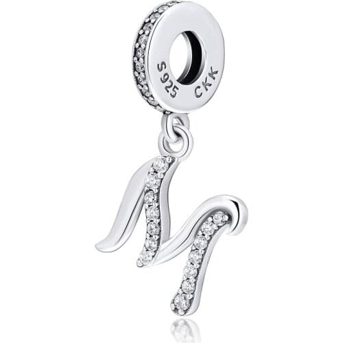 Beads fits for Necklaces Bracelets 100% 925 Sterling Silver Jewelry Shining Letter M Charms with Clear CZ Free Shipping